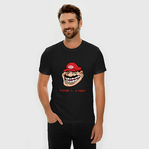 Мужская slim-футболка Mario player 1 / Черный – фото 3