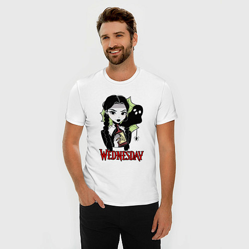 Мужская slim-футболка Уэнсдэй с призраком / Белый – фото 3