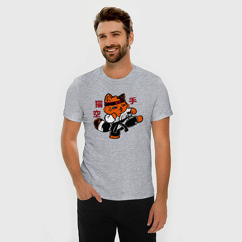 Мужская slim-футболка Кот каратист art / Меланж – фото 3