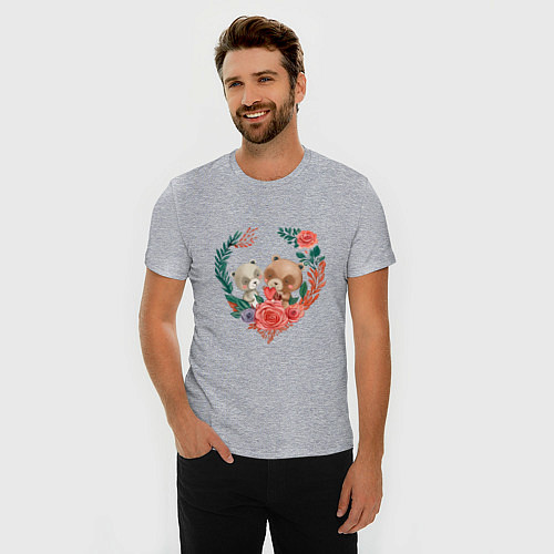 Мужская slim-футболка Влюбленные мишки в сердце / Меланж – фото 3
