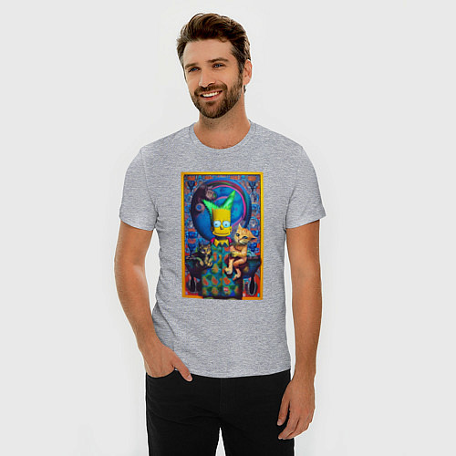 Мужская slim-футболка Bart Simpson and cats - нейросеть - плакат / Меланж – фото 3
