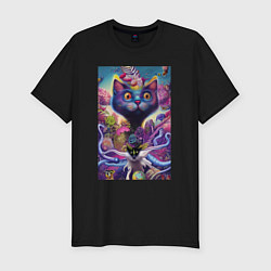 Футболка slim-fit Мордочка цветочного котёнка - нейросеть - art, цвет: черный