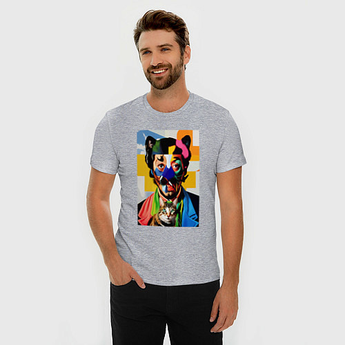 Мужская slim-футболка Портрет Сальвадора Дали с котом / Меланж – фото 3