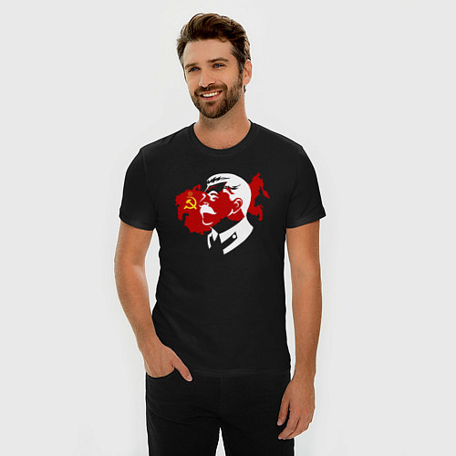 Мужская slim-футболка Сталин на фоне СССР / Черный – фото 3