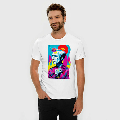 Мужская slim-футболка Энди Уорхол - автопортрет - нейросеть / Белый – фото 3