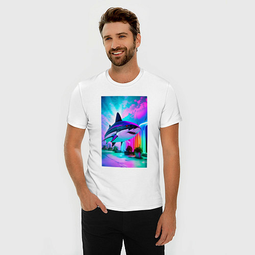 Мужская slim-футболка Неоновая акула - нейросеть / Белый – фото 3