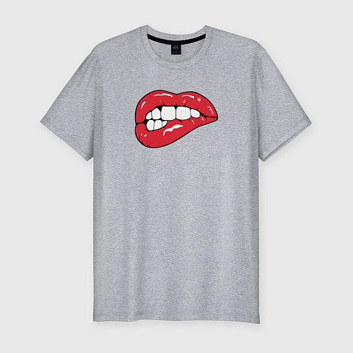 Мужская slim-футболка Красные прикушенные губы / Меланж – фото 1