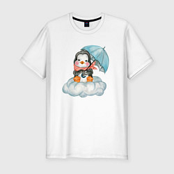 Футболка slim-fit Пингвин на облаке с зонтом, цвет: белый