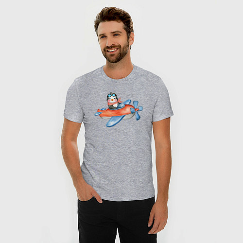 Мужская slim-футболка Пингвин летит на вертолете / Меланж – фото 3