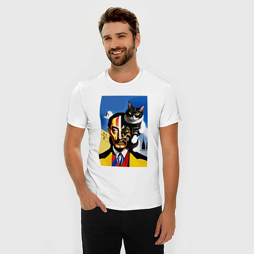 Мужская slim-футболка Salvador Dali and his cat / Белый – фото 3