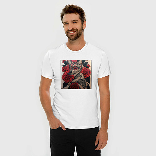 Мужская slim-футболка Irezumi - лиса в розах / Белый – фото 3