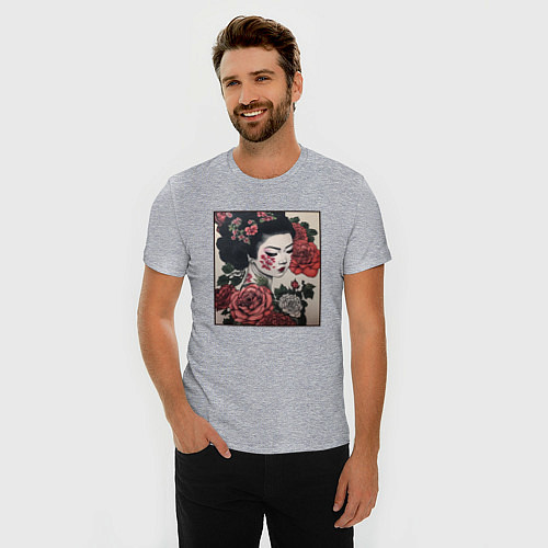 Мужская slim-футболка Irezumi - гейша в розах / Меланж – фото 3