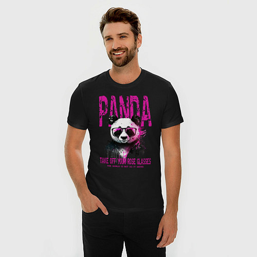Мужская slim-футболка Панда и розовые очки / Черный – фото 3