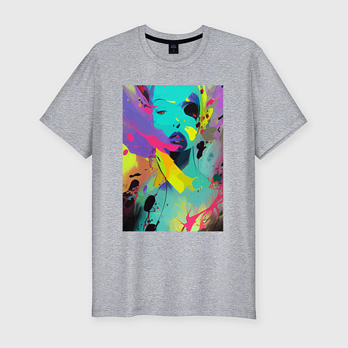 Мужская slim-футболка Portrait of an unfamiliar girl - pop art / Меланж – фото 1