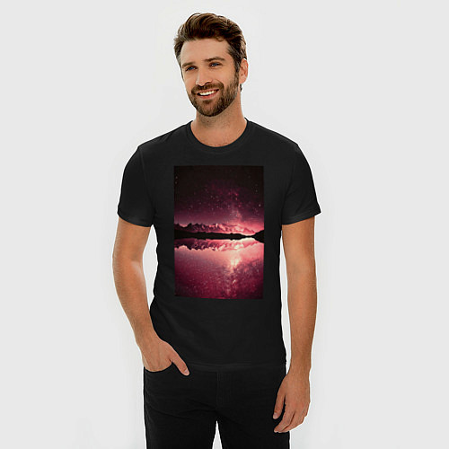 Мужская slim-футболка Горы на фоне заката / Черный – фото 3