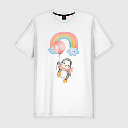 Футболка slim-fit Пингвиненок летит на воздушном шаре, цвет: белый