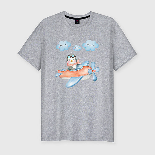 Мужская slim-футболка Маленький пингвин летит на самолете / Меланж – фото 1