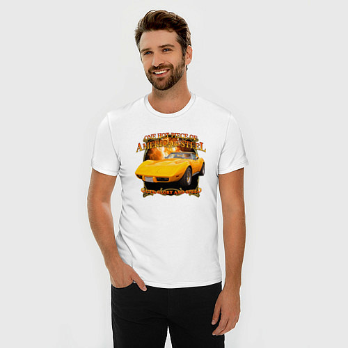 Мужская slim-футболка Американский маслкар Chevrolet Corvette Stingray / Белый – фото 3