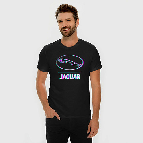 Мужская slim-футболка Значок Jaguar в стиле glitch / Черный – фото 3
