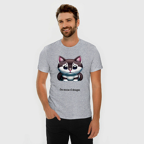 Мужская slim-футболка Толстый котик ест после 6 / Меланж – фото 3