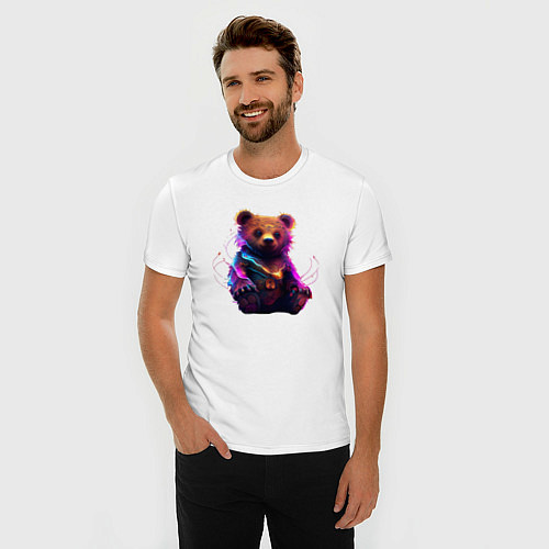Мужская slim-футболка Мишка в лучах неона / Белый – фото 3