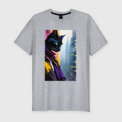 Футболка slim-fit Black cat in New York - neural network, цвет: меланж