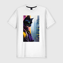 Футболка slim-fit Black cat in New York - neural network, цвет: белый