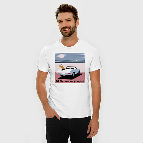 Мужская slim-футболка Машина на пляже / Белый – фото 3