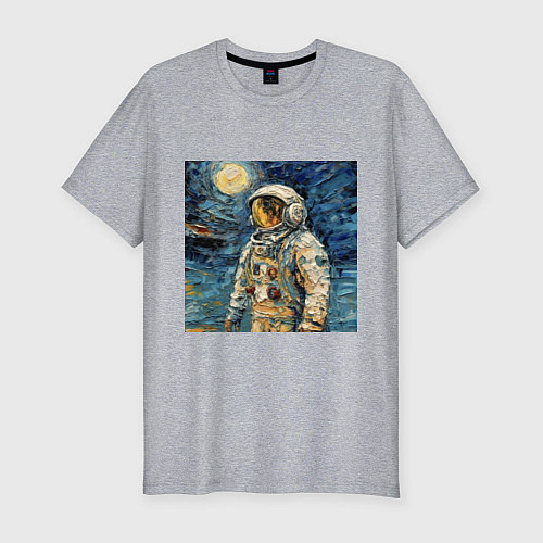 Мужская slim-футболка Космонавт на луне в стиле Ван Гог / Меланж – фото 1