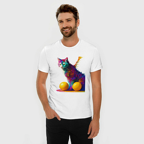Мужская slim-футболка Яркий котик / Белый – фото 3