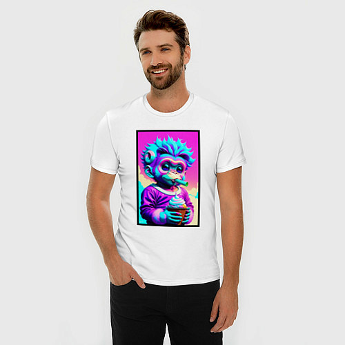 Мужская slim-футболка Маленькая обезьянка ест мороженное в стиле Dreamwa / Белый – фото 3