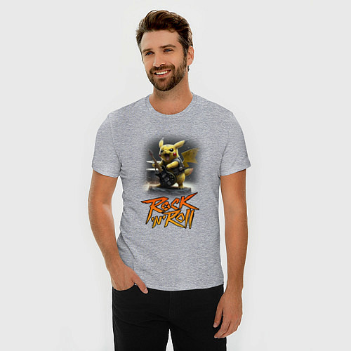Мужская slim-футболка Пикачу Рокnroll / Меланж – фото 3