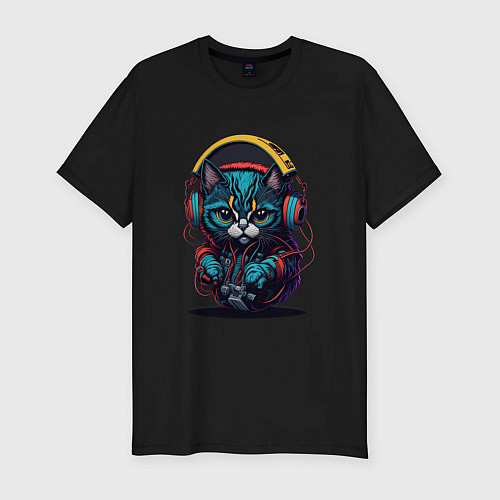 Мужская slim-футболка Dj кот / Черный – фото 1