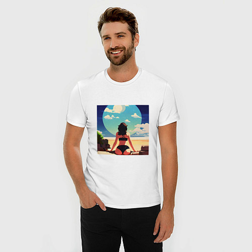 Мужская slim-футболка Девушка на пляже / Белый – фото 3