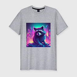 Футболка slim-fit Енот на фоне неонового города, цвет: меланж