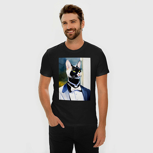 Мужская slim-футболка Кот-джентльмен - мем - нейросеть - акварель / Черный – фото 3