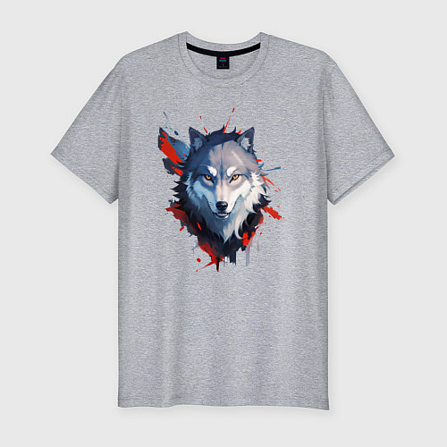 Мужская slim-футболка Голова волка - рисунок с пятнами краски / Меланж – фото 1