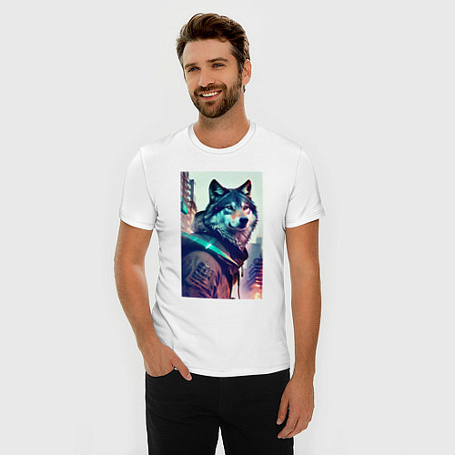 Мужская slim-футболка Волк - житель мегаполиса / Белый – фото 3