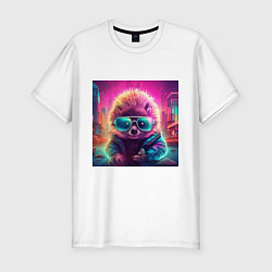 Футболка slim-fit Антропоморфный еж в очках и куртке, цвет: белый