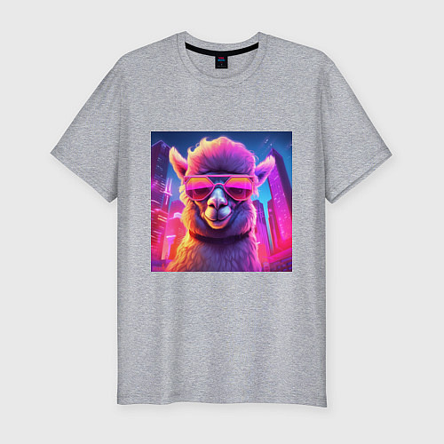 Мужская slim-футболка Лама в ярких лучах неона / Меланж – фото 1