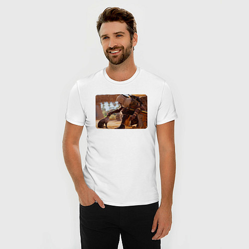 Мужская slim-футболка Ассасин гладит кота / Белый – фото 3