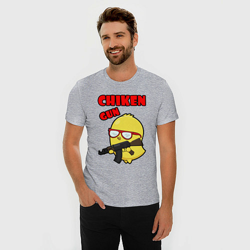 Мужская slim-футболка Chicken machine gun / Меланж – фото 3