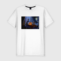 Футболка slim-fit Halloween Cat with Pumpkin, цвет: белый