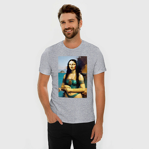 Мужская slim-футболка Мона Лиза на пляже - Биарриц - Франция / Меланж – фото 3