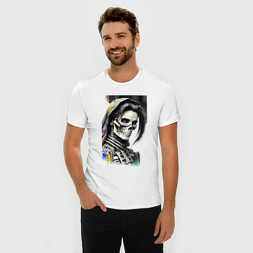 Мужская slim-футболка Крутая деваха в экзоскелете - киберпанк / Белый – фото 3