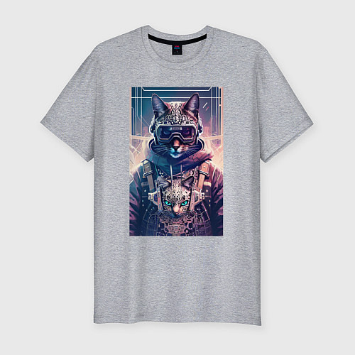 Мужская slim-футболка Кот с котёнком - киберпанк - нейросеть / Меланж – фото 1