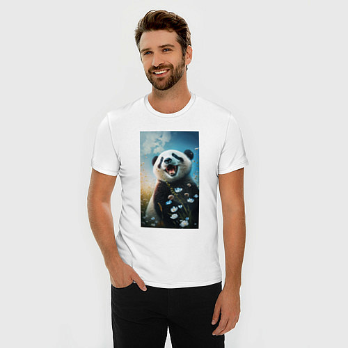 Мужская slim-футболка Панда с цветочками / Белый – фото 3