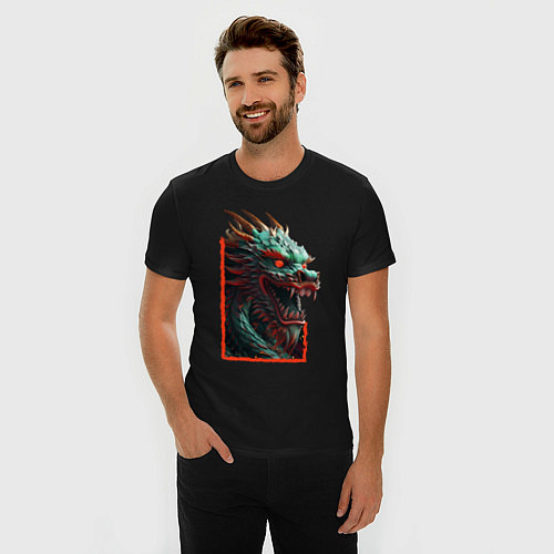 Мужская slim-футболка Дракон с горящими глазами: арт нейросети / Черный – фото 3