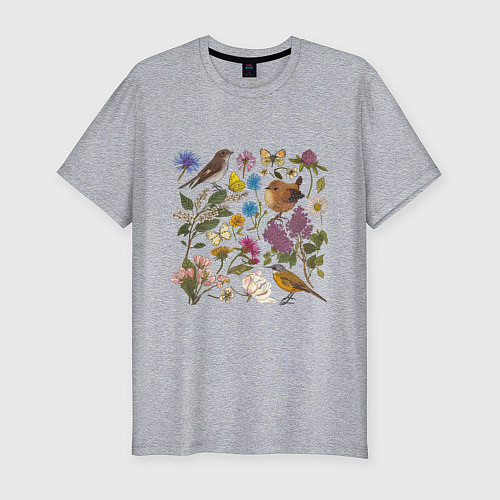 Мужская slim-футболка Цветение и птички / Меланж – фото 1