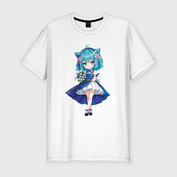 Футболка slim-fit Аниме девушка-кошка в синем платье с букетом цвето, цвет: белый